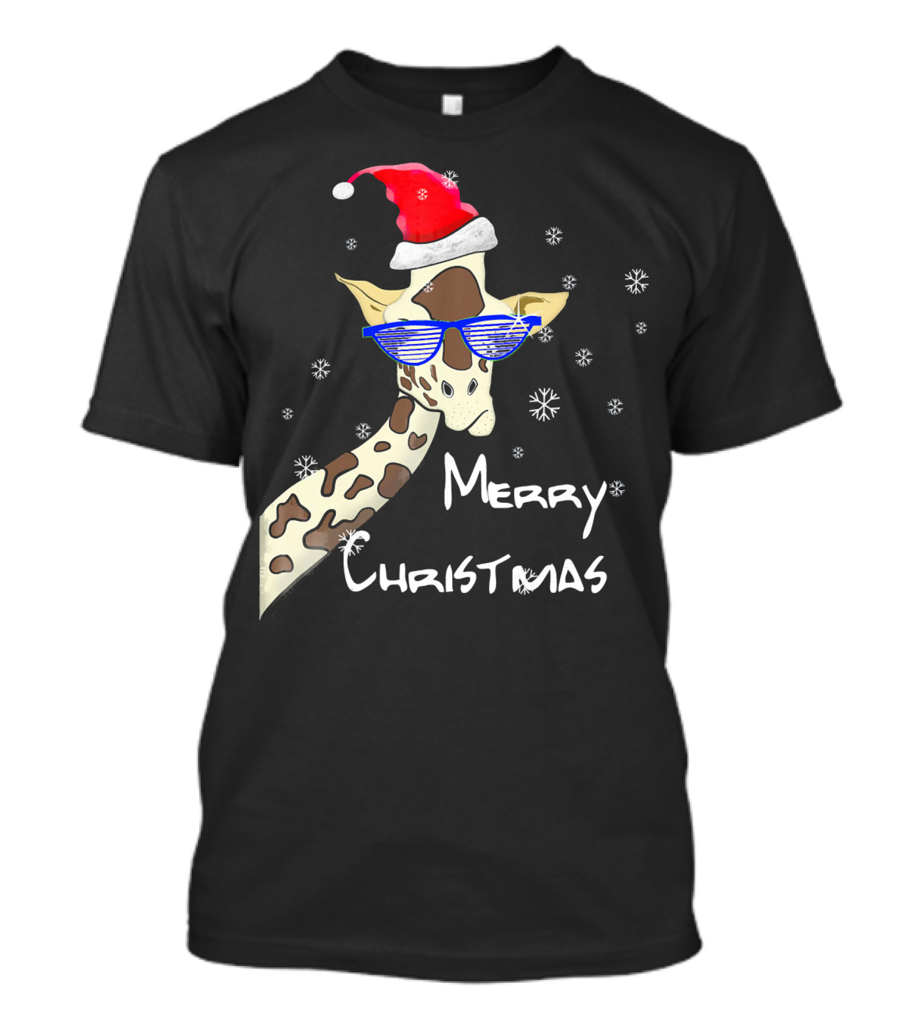 Merry Christmas Giraffe With Santa Hat And Blue Sunglasses T-Shirt