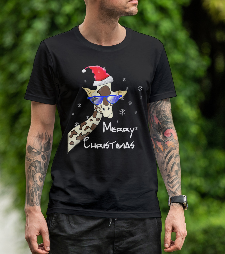 Merry Christmas Giraffe With Santa Hat And Blue Sunglasses T-Shirt