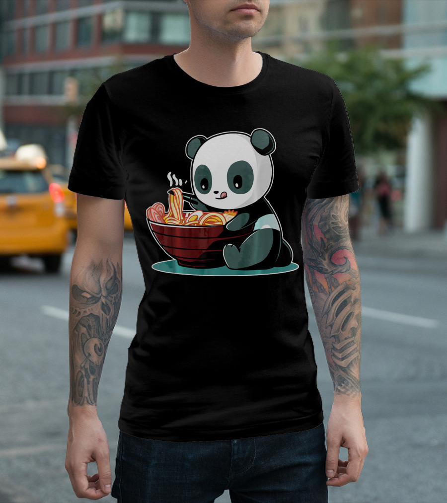 Funny Vintage Kawaii Panda Enjoying Ramen Noodles T-Shirt