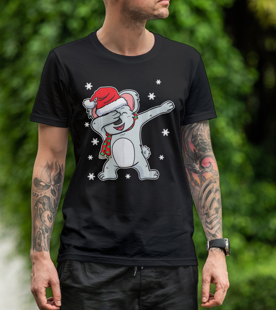 Festive Santa Hat Dabbing Dab Australian Koala Bear With Snowflakes T-Shirt