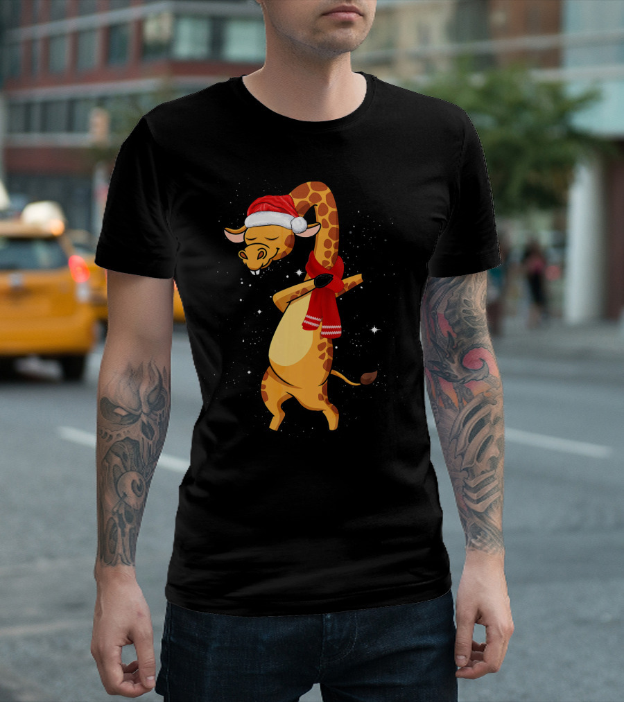 Dabbing Giraffe Santa Christmas Dancing with Red Scarf T-Shirt