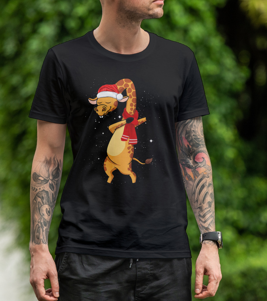 Dabbing Giraffe Santa Christmas Dancing With Red Scarf T-Shirt
