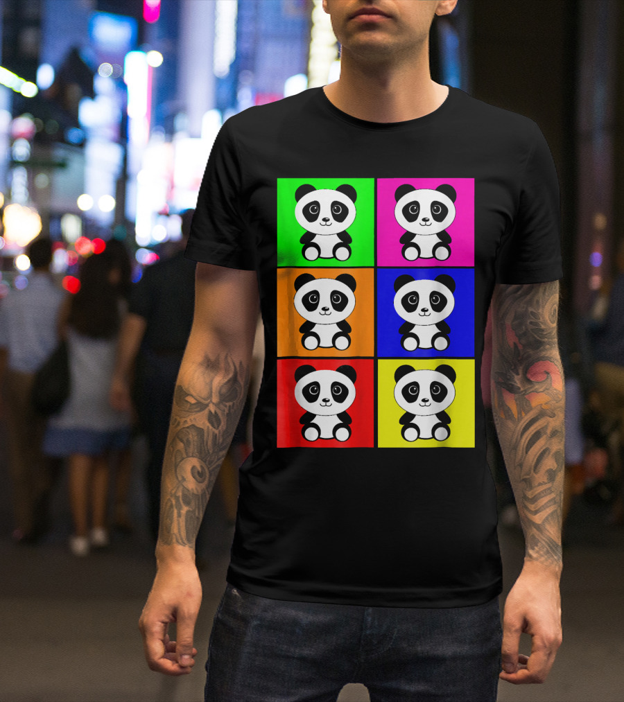 Funny Baby Face Panda Cute Pop Art Style Colorful Grid T-Shirt