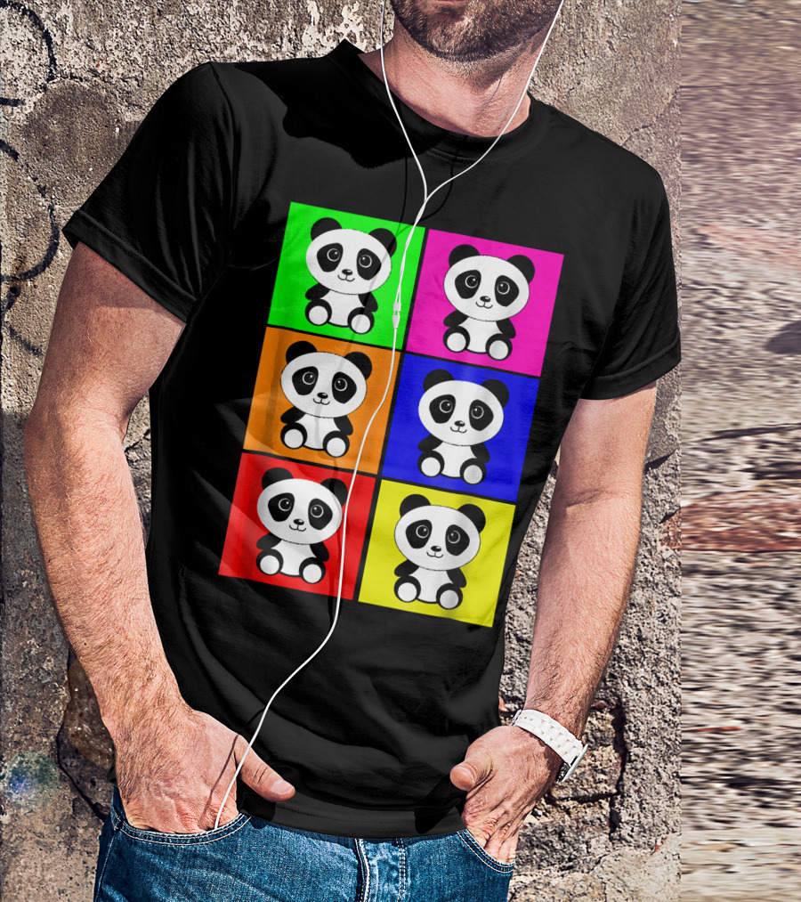 Funny Baby Face Panda Cute Pop Art Style Colorful Grid T-Shirt