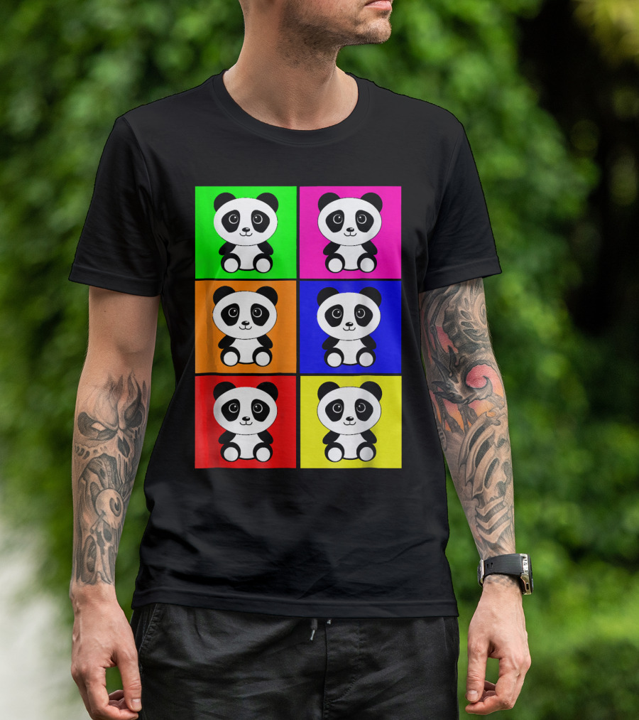 Funny Baby Face Panda Cute Pop Art Style Colorful Grid T-Shirt