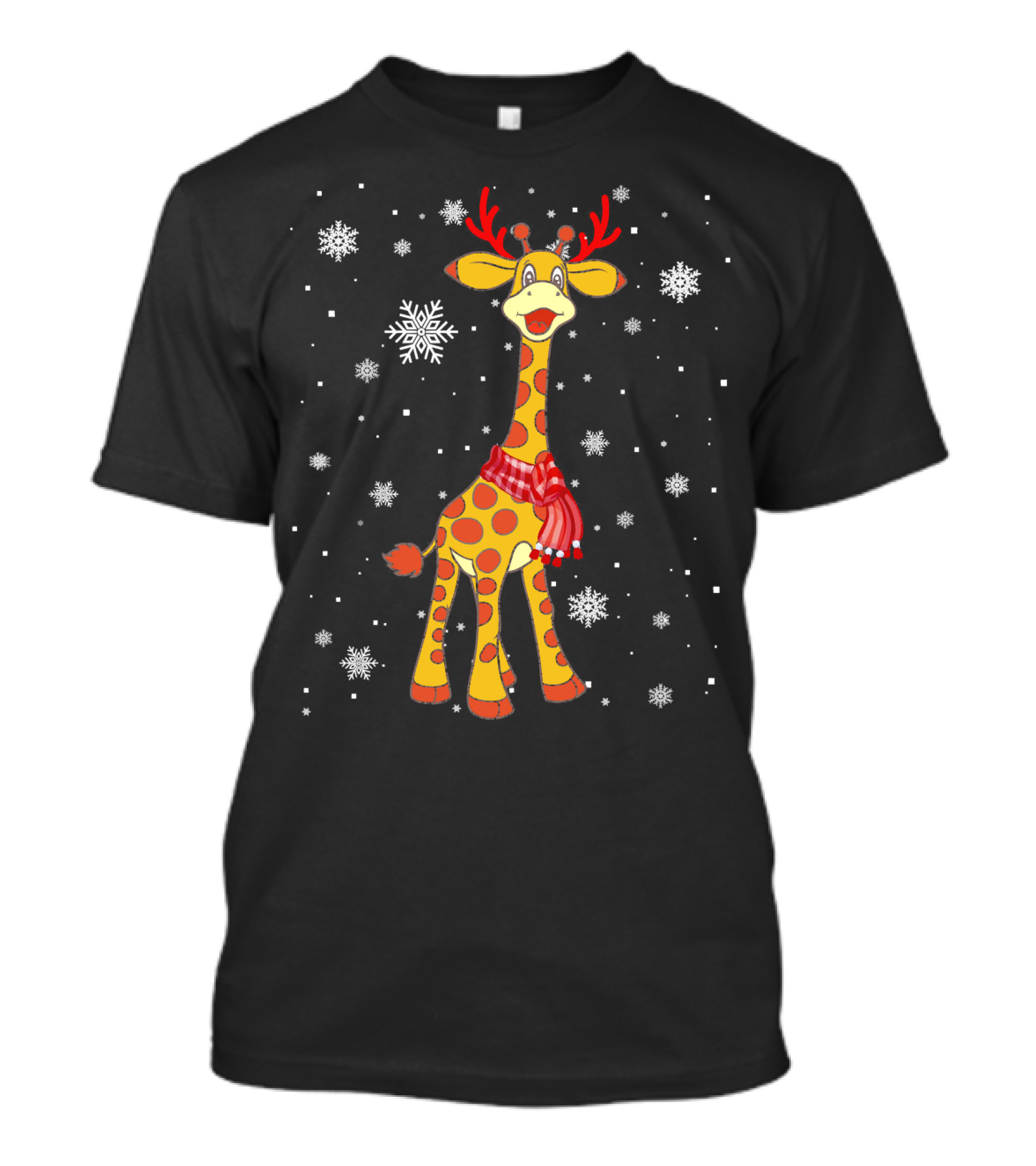 Funny Giraffe Christmas Reindeer With Scarf And Snowflakes T-Shirt