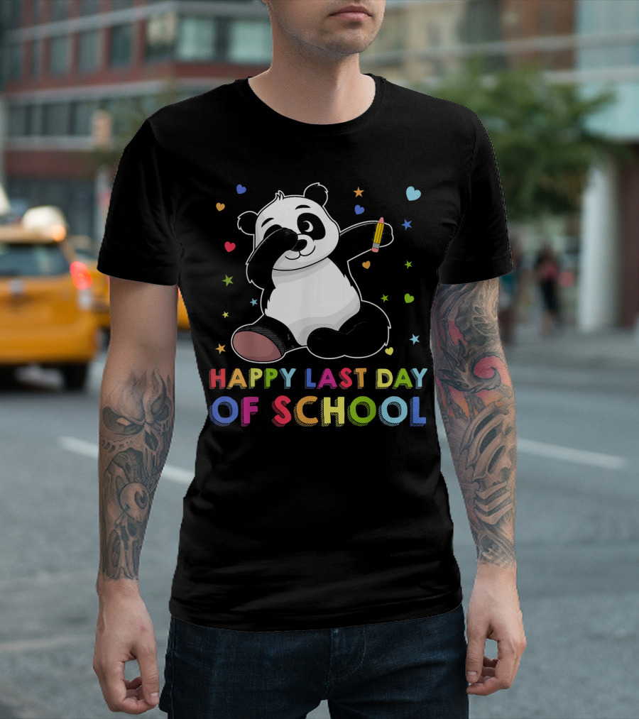 Happy Last Day of School Dabbing Panda with Hearts and Stars T-Shirt