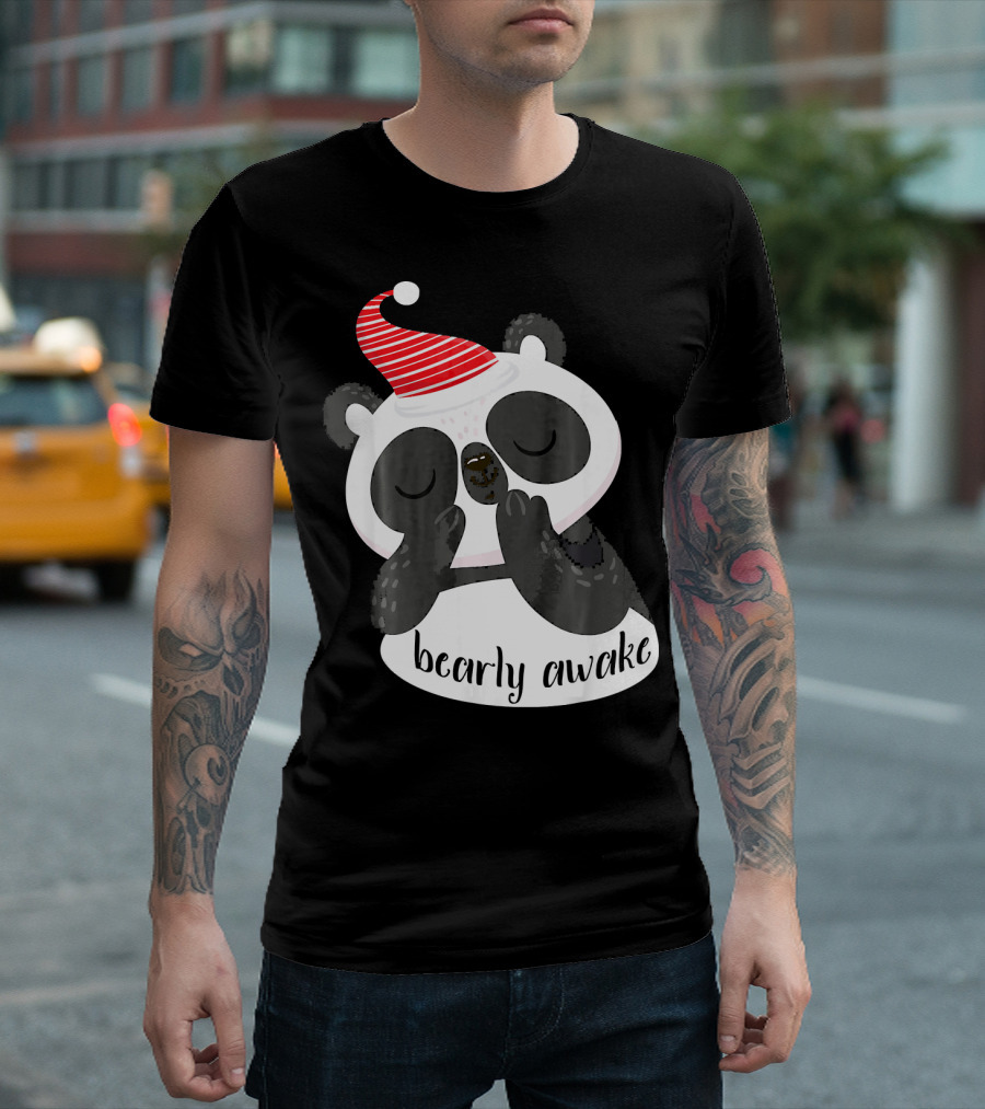 Bearly Awake Panda In Red Striped Sleepy Hat T-Shirt
