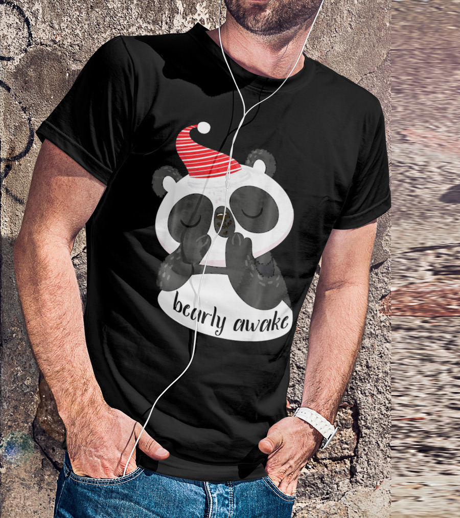 Bearly Awake Panda In Red Striped Sleepy Hat T-Shirt