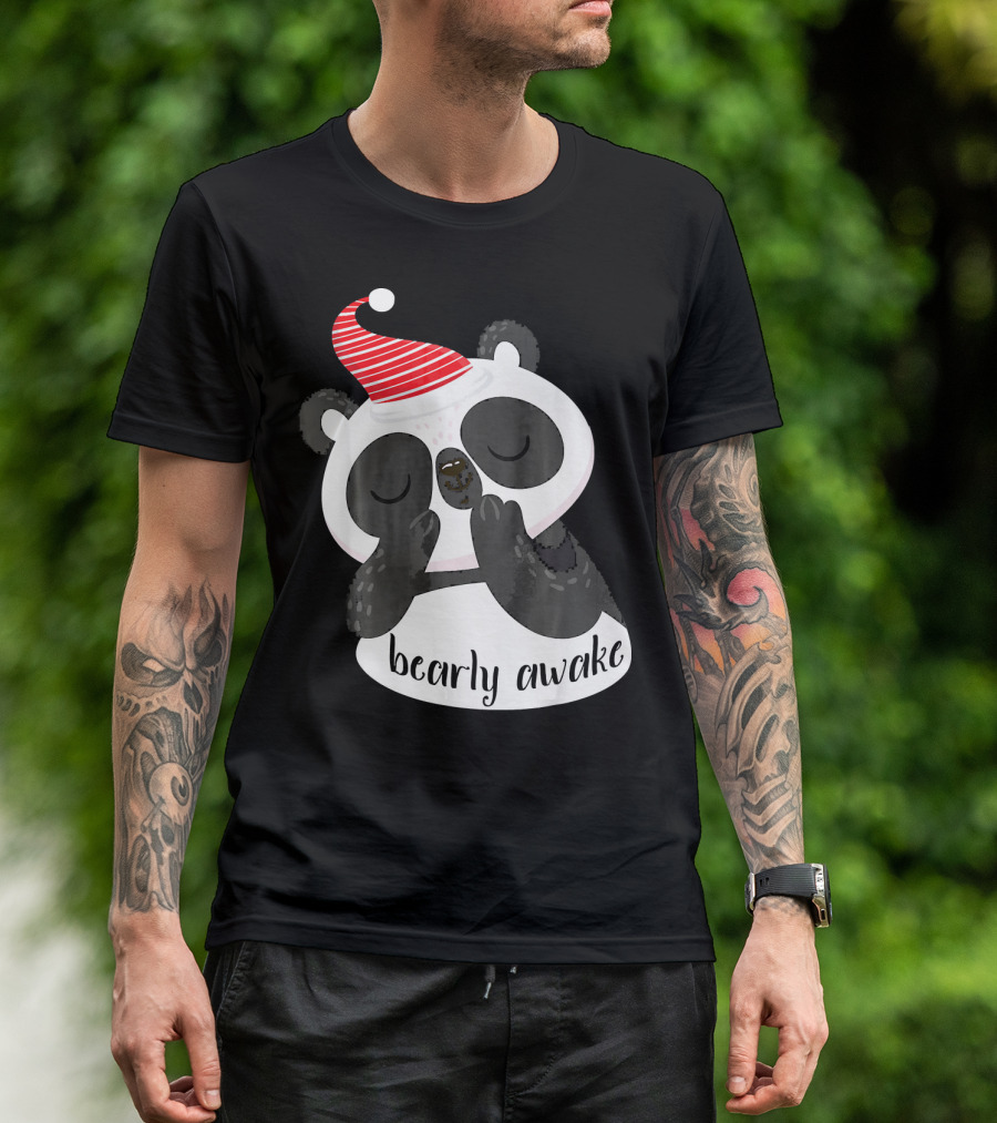 Bearly Awake Panda In Red Striped Sleepy Hat T-Shirt