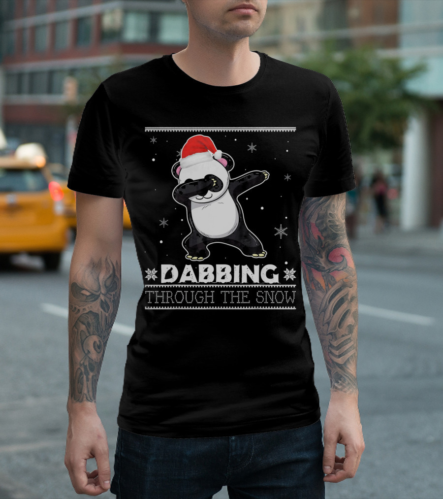 Funny Santa Panda Dabbing Through The Snow T-Shirt