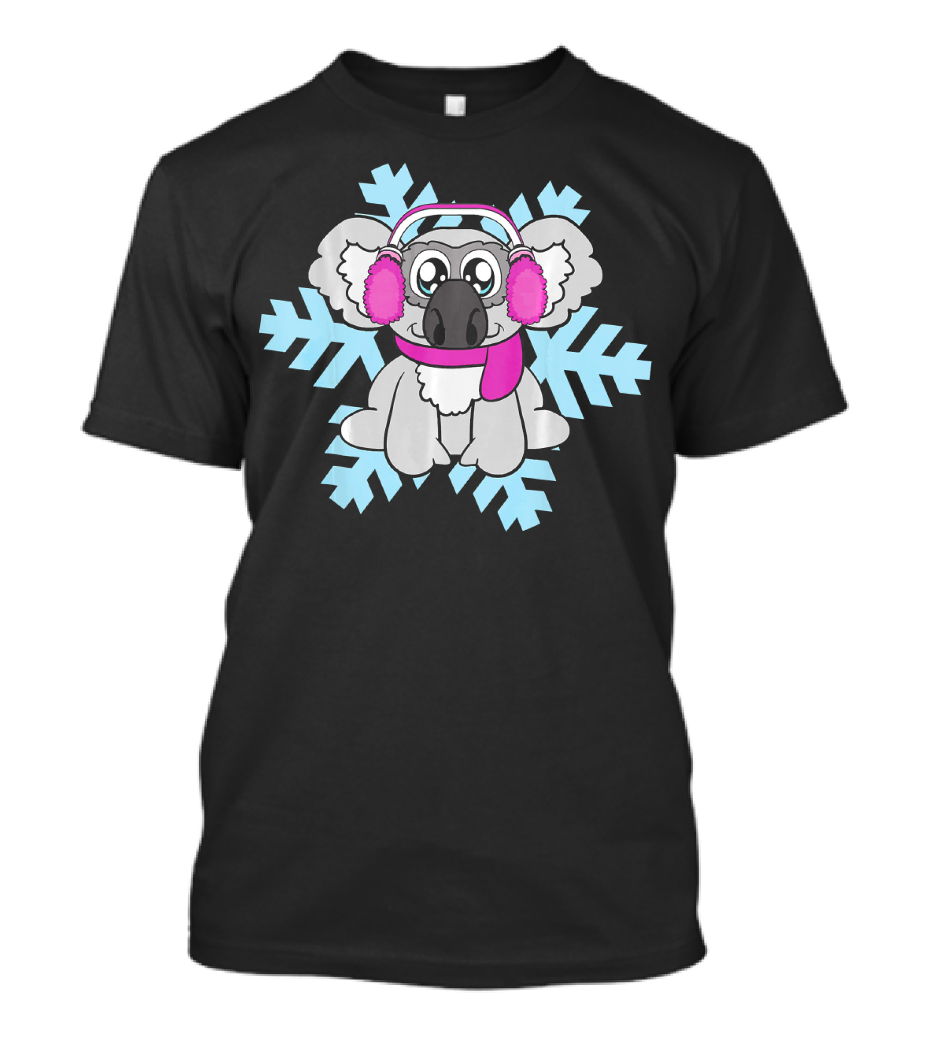 Funny Cute Koala With Earflap Scarf Winter Snowflake T-Shirt