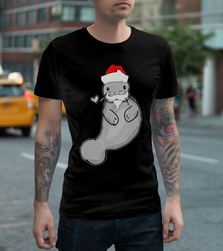 Santa Hat Cute Manatee Christmas Humor T-Shirt