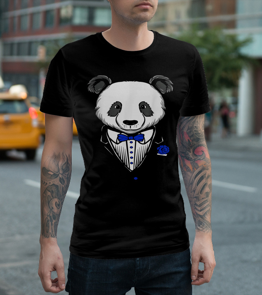 Funny Panda Tuxedo Costume With Blue Bow Tie And Rose T-Shirt