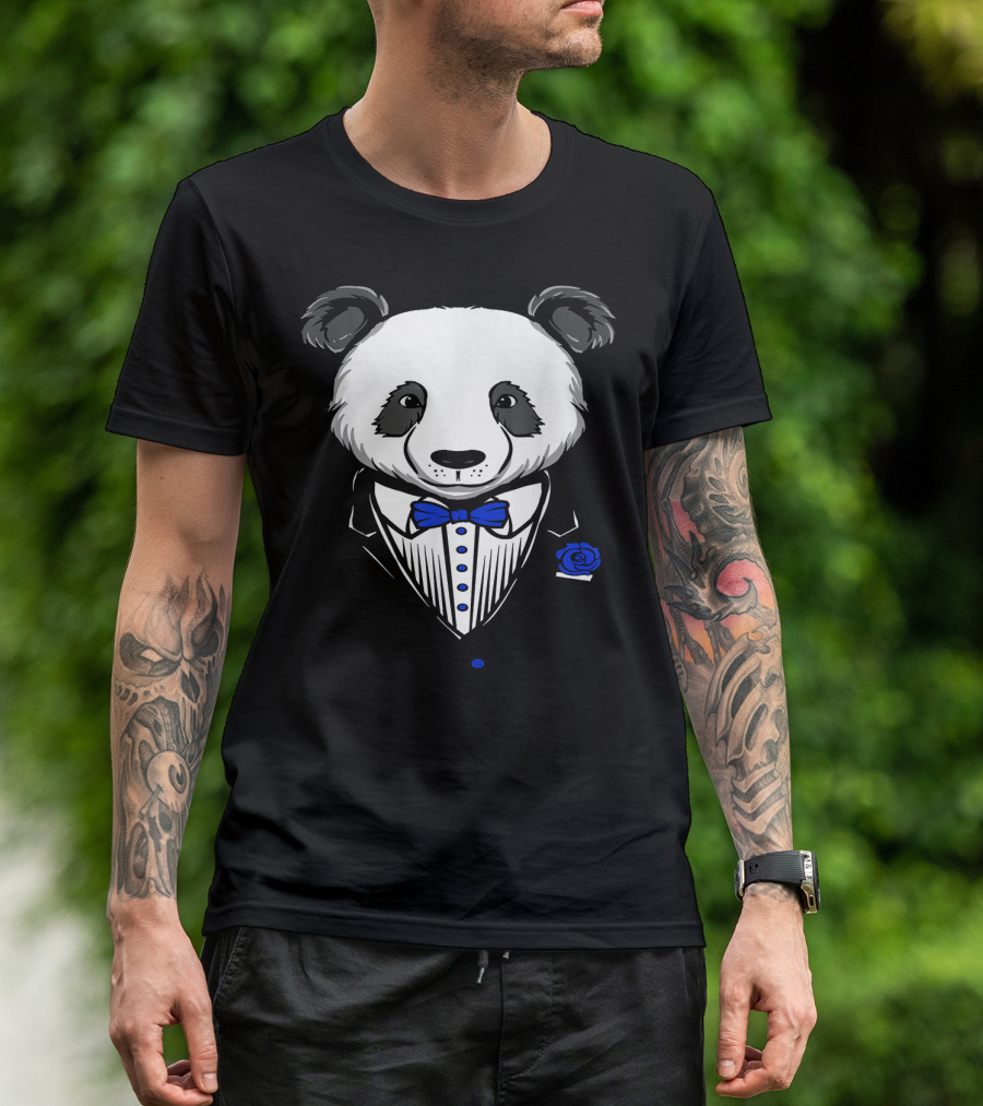 Funny Panda Tuxedo Costume With Blue Bow Tie And Rose T-Shirt
