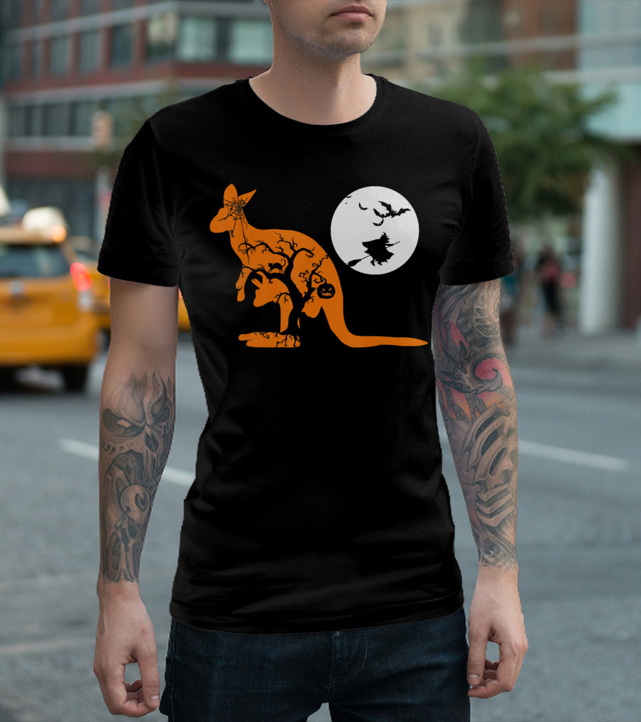 Funny Witch Bat Web Moon Pumpkin Kangaroo Halloween T-Shirt