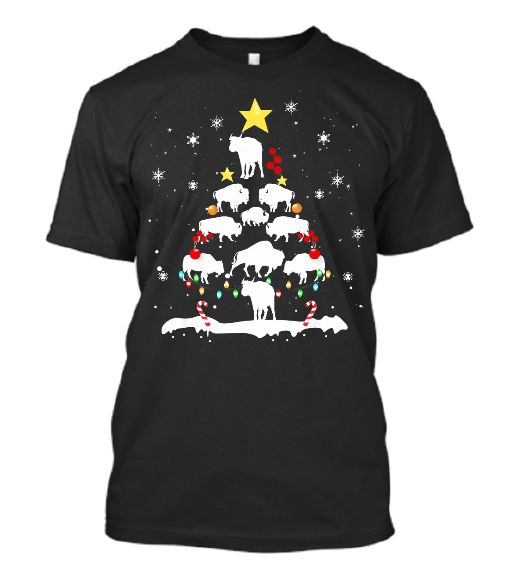 Funny Bison Christmas Tree Star Snowflakes Candy Canes T-Shirt