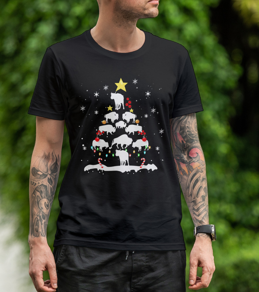 Funny Bison Christmas Tree Star Snowflakes Candy Canes T-Shirt