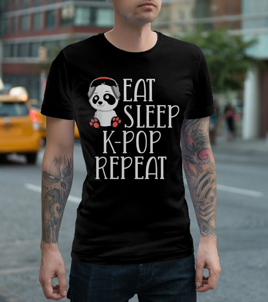 Eat Sleep K-Pop Repeat Cute Panda Headphones T-Shirt