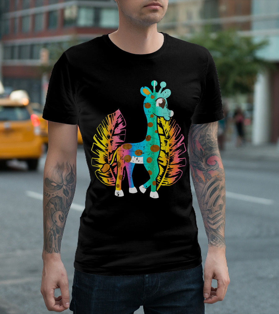 Giraffe Love Animal Safari Squad African Colorful Leaf T-Shirt