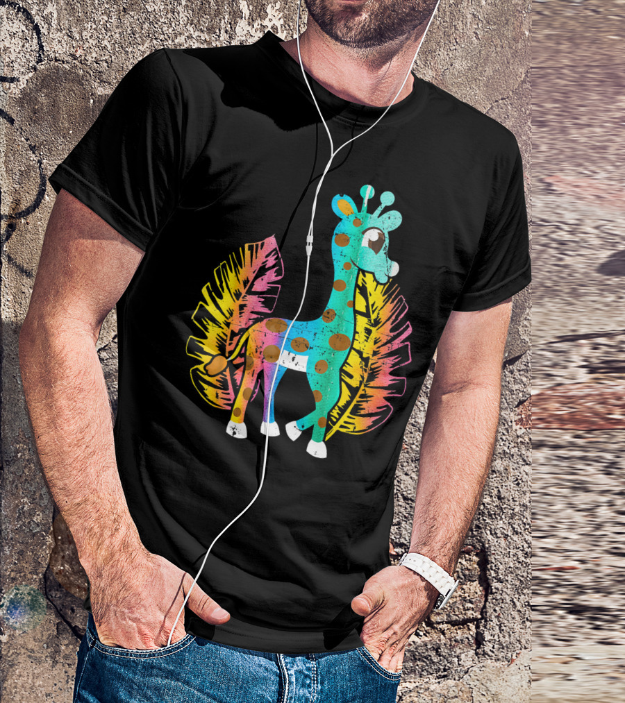 Giraffe Love Animal Safari Squad African Colorful Leaf T-Shirt