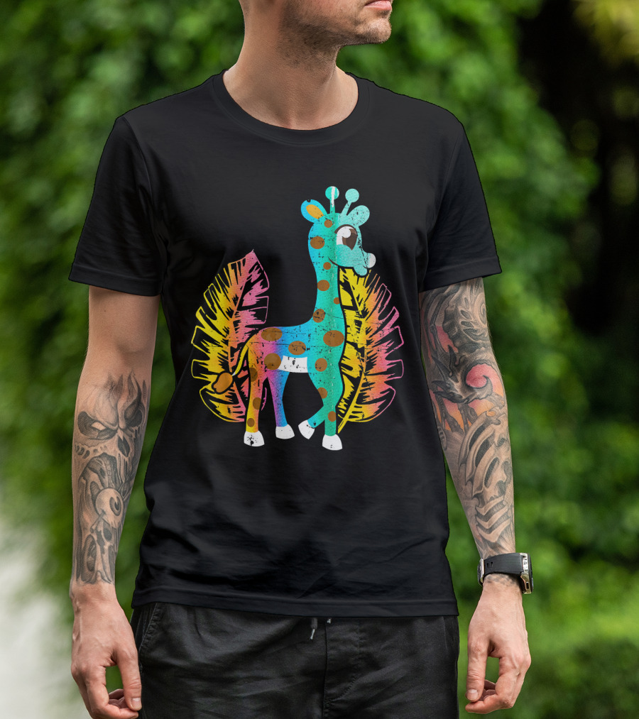 Giraffe Love Animal Safari Squad African Colorful Leaf T-Shirt