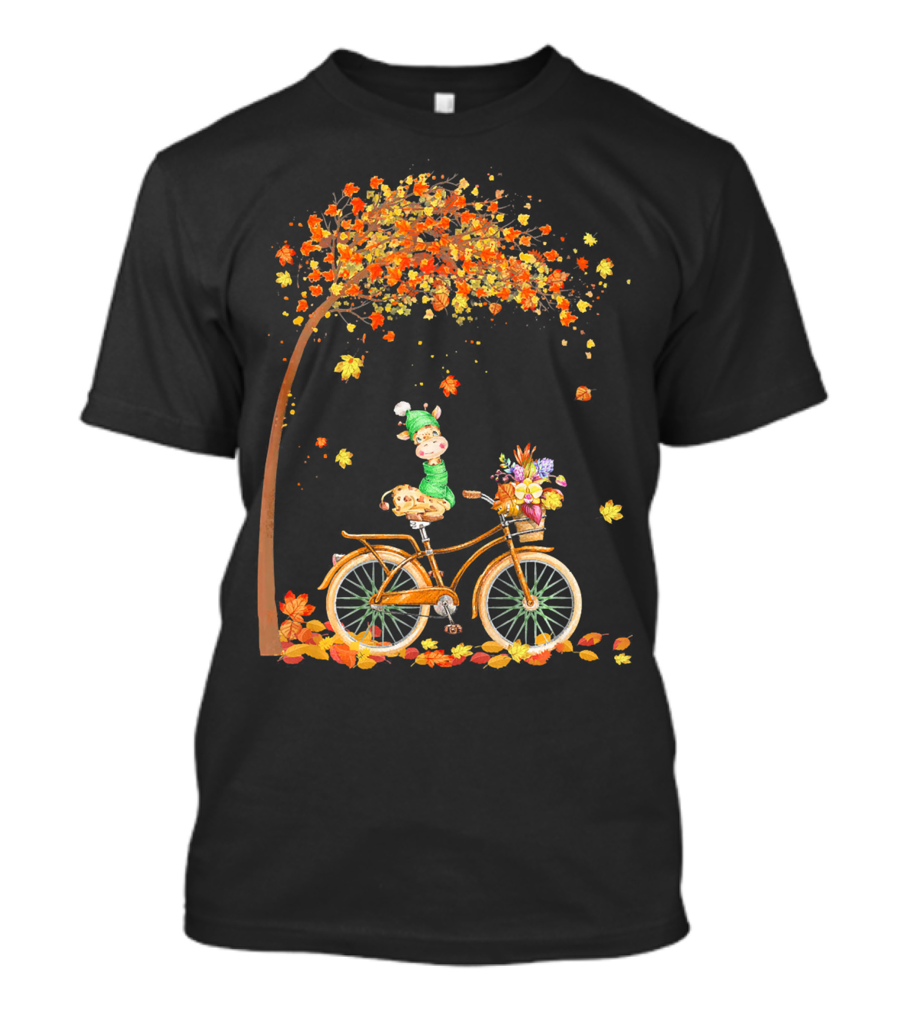 Giraffe Riding Bicycle Under Autumn Leaves Tree T-Shirt