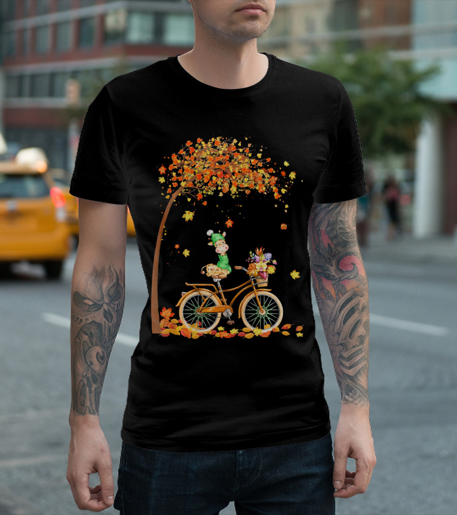 Giraffe Riding Bicycle Under Autumn Leaves Tree T-Shirt