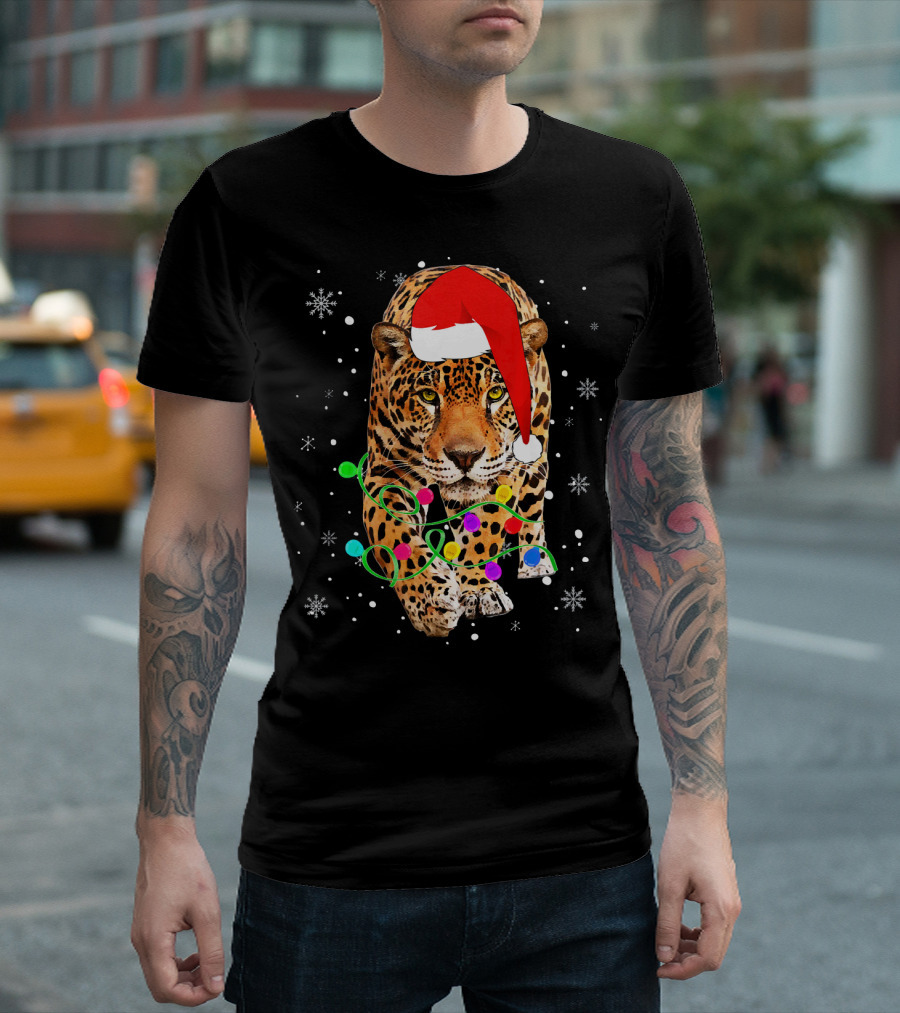 Jaguar in Santa Hat and Christmas Lights with Snowflakes T-Shirt