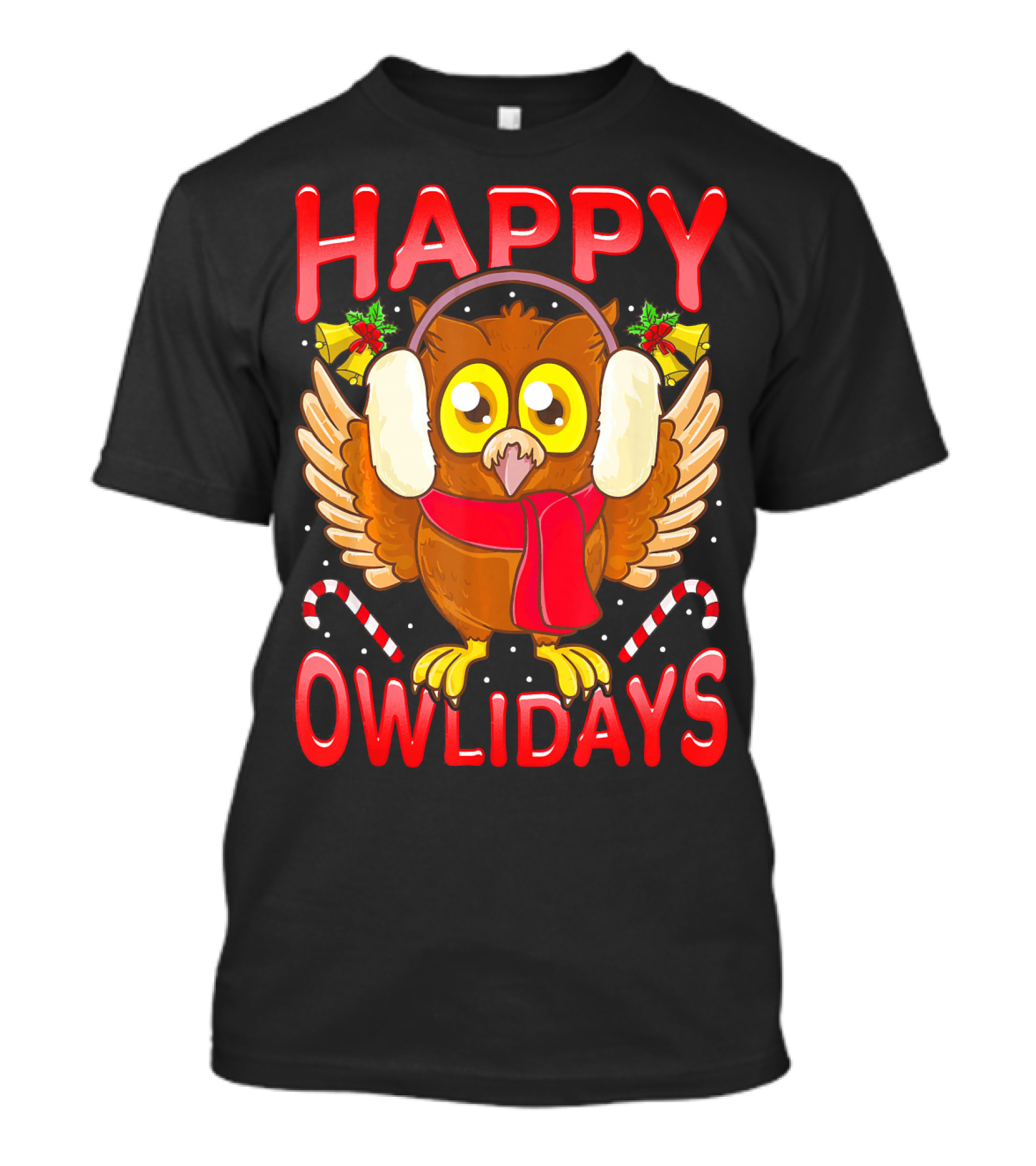 Happy Owlidays Christmas Owl With Candy Canes And Ear Muffs T-Shirt