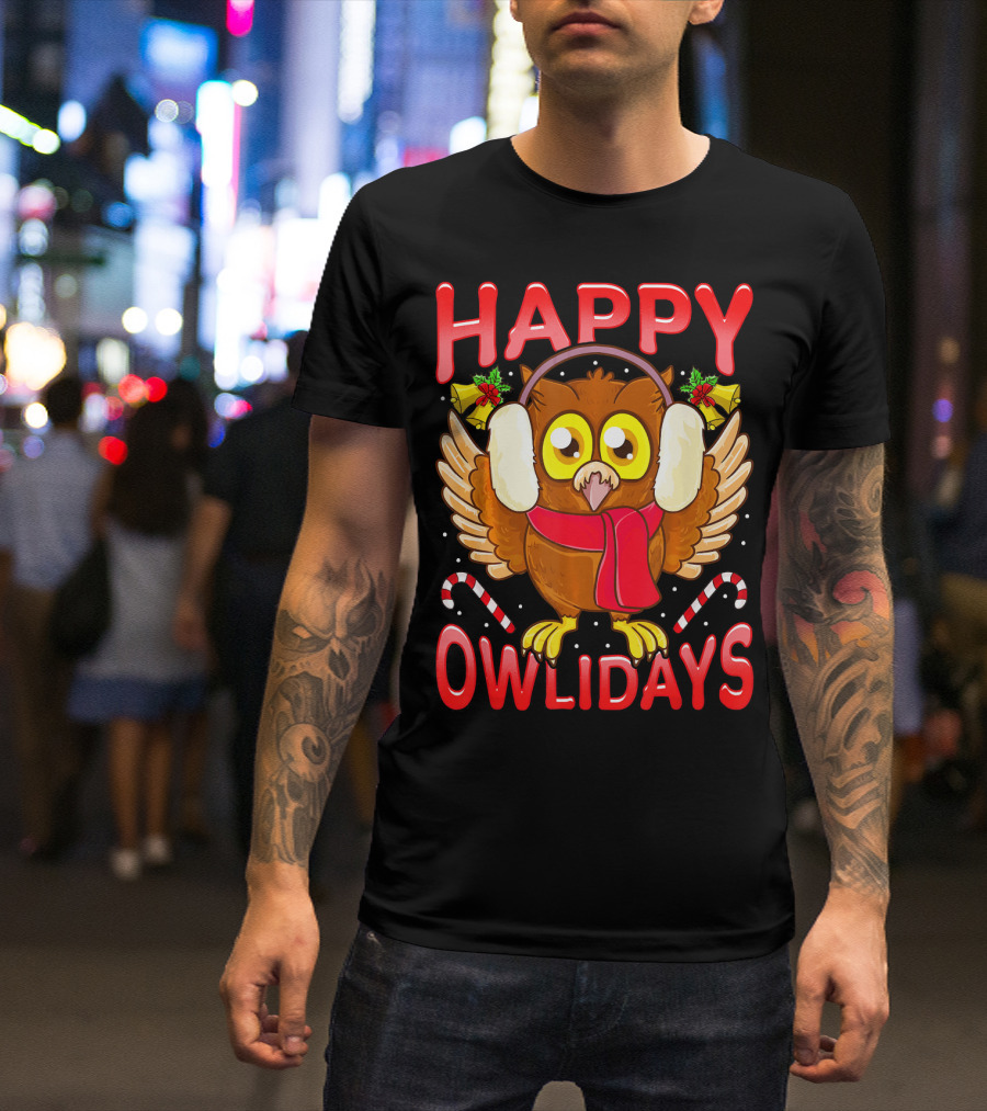Happy Owlidays Christmas Owl With Candy Canes And Ear Muffs T-Shirt