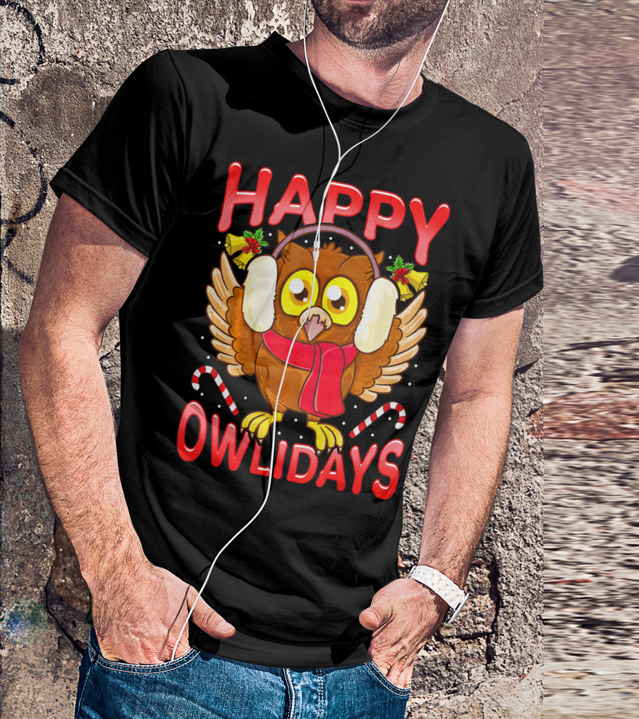Happy Owlidays Christmas Owl With Candy Canes And Ear Muffs T-Shirt
