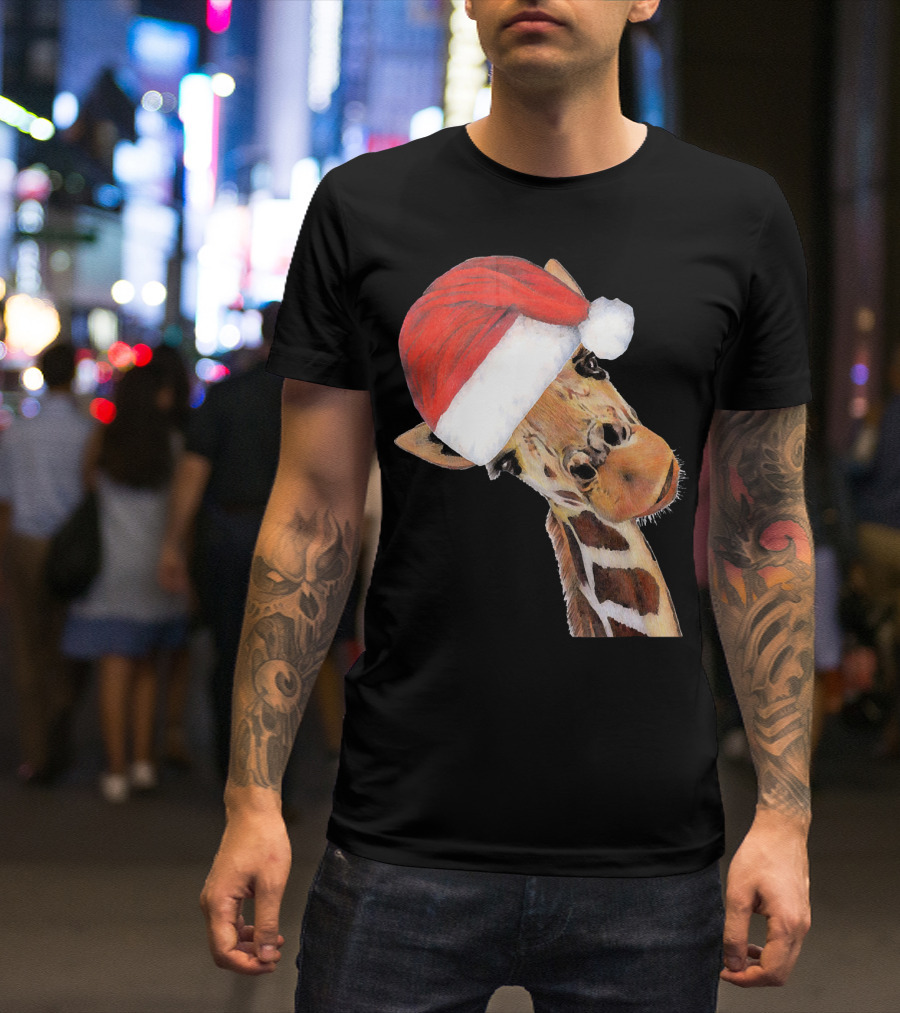 Cheerful Giraffe Wearing Santa Christmas Hat T-Shirt