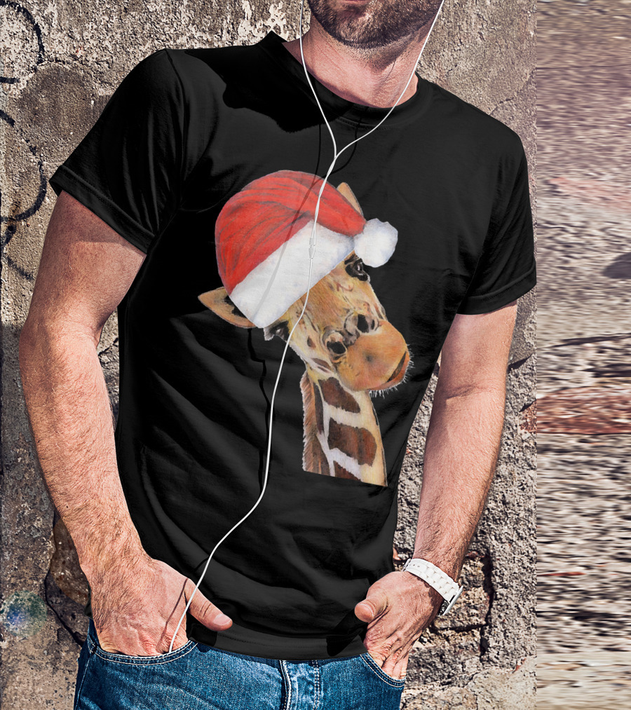 Cheerful Giraffe Wearing Santa Christmas Hat T-Shirt