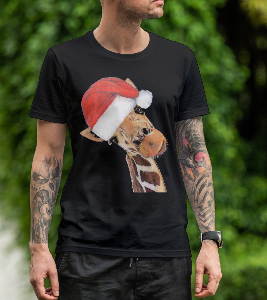 Cheerful Giraffe Wearing Santa Christmas Hat T-Shirt
