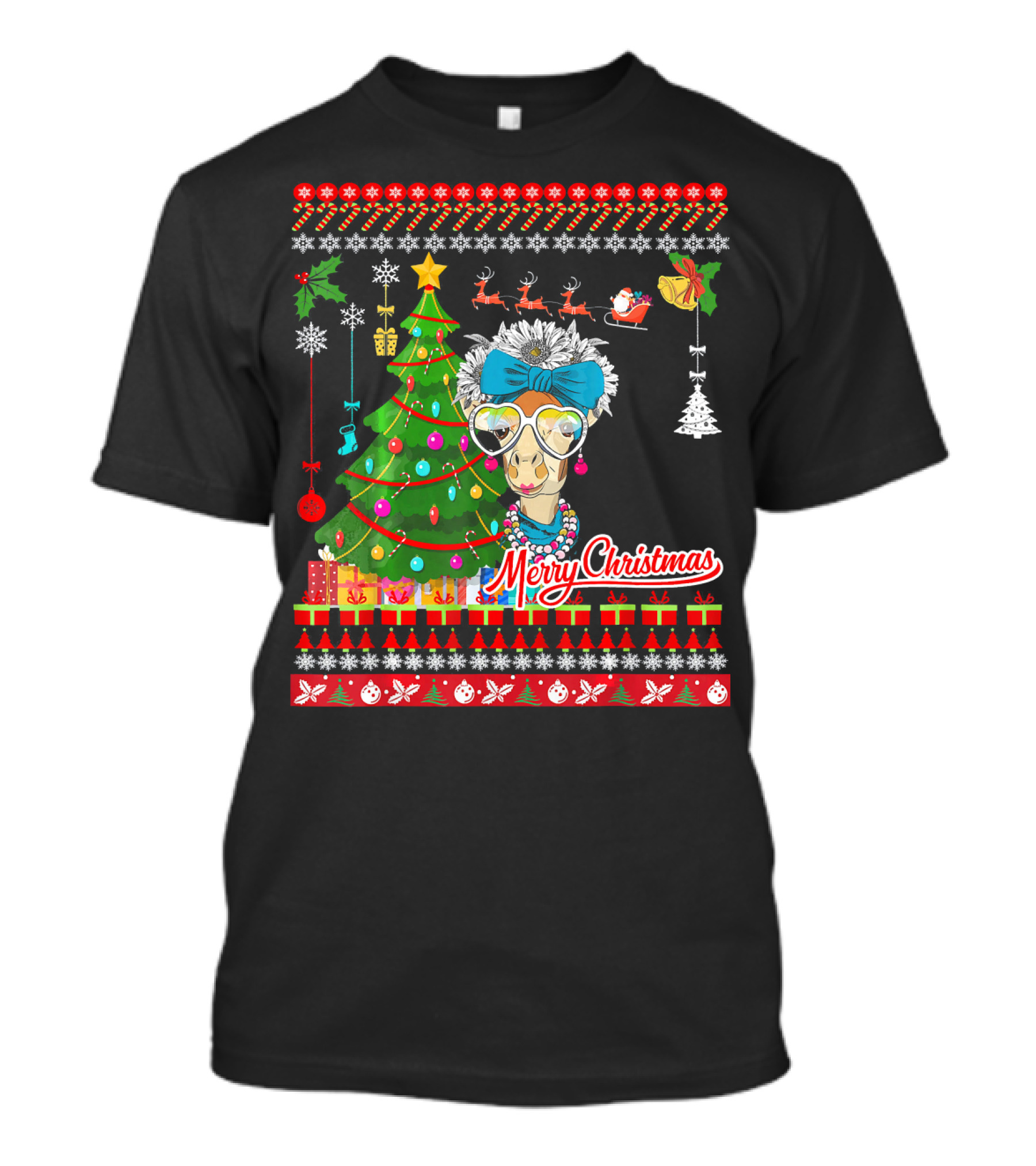 Merry Christmas Giraffe With Tree And Reindeer T-Shirt
