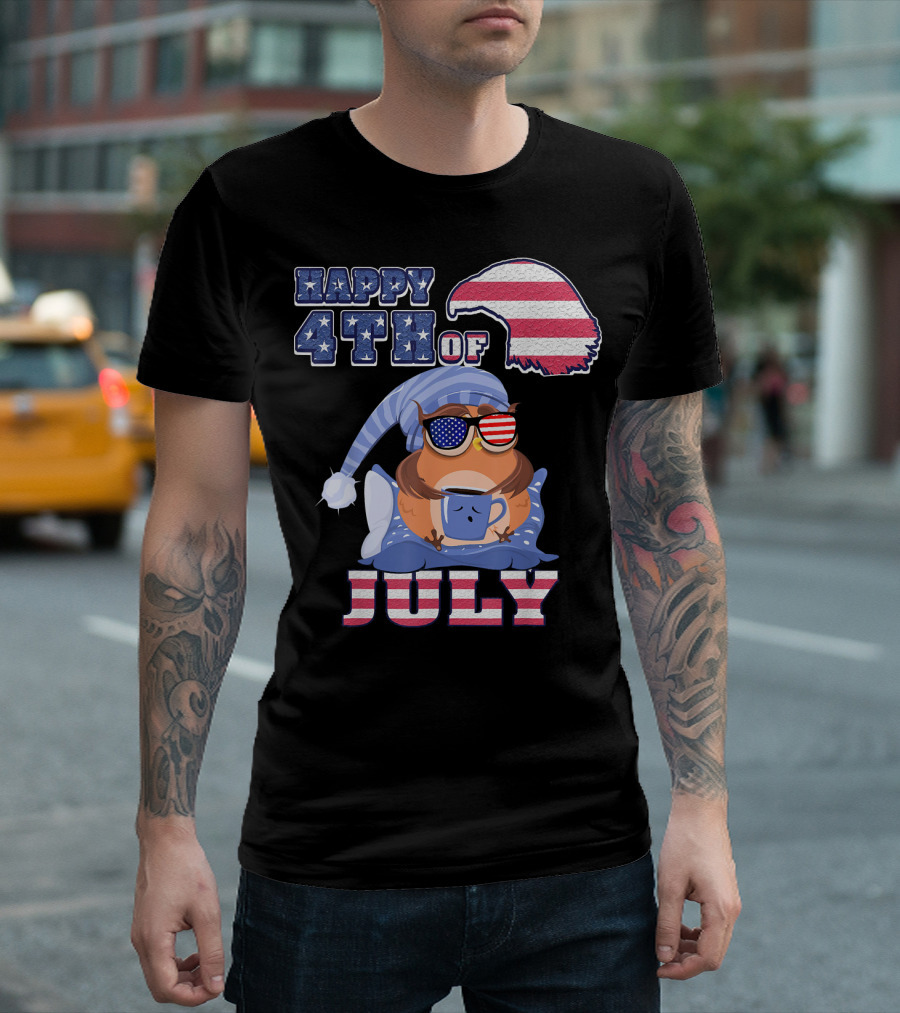 Happy 4th of July Owl with Coffee and Patriotic USA Sunglasses T-Shirt