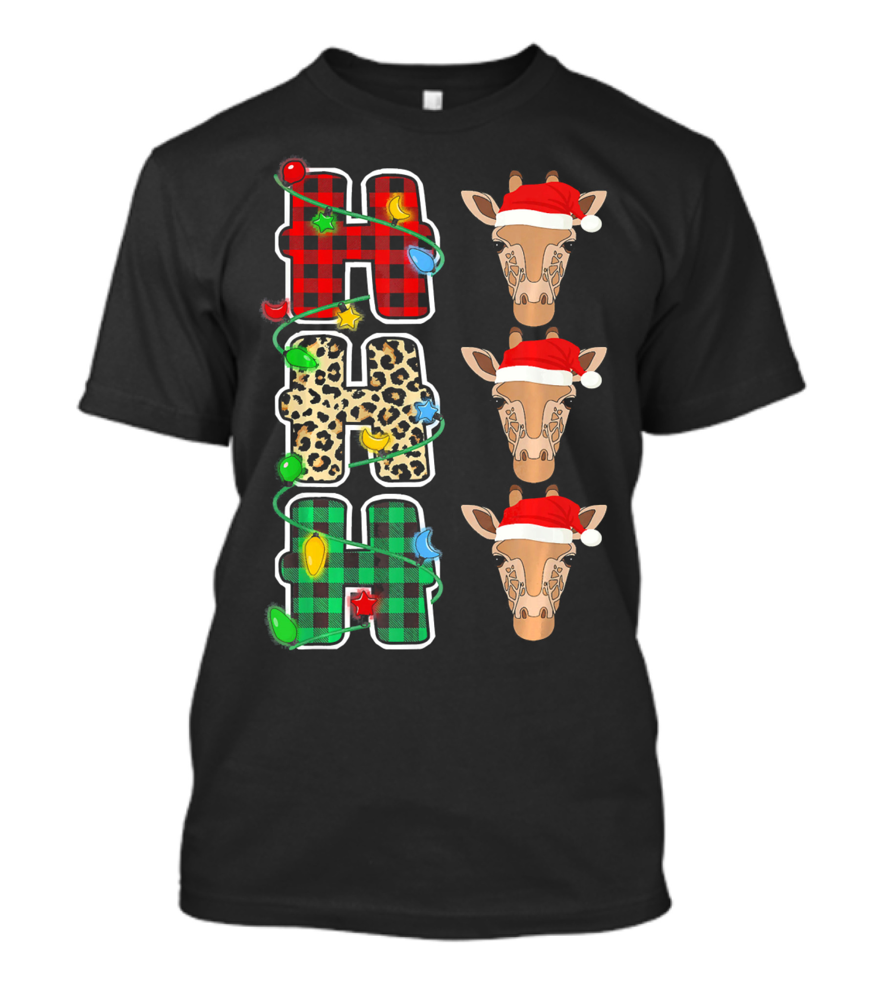 HO HO HO Santa Hat Plaid And Leopard Giraffe Christmas Lights T-Shirt