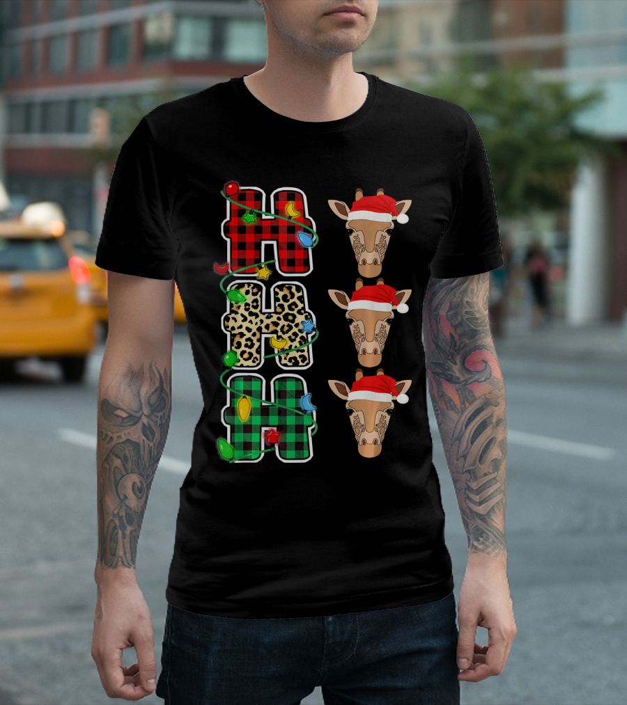 HO HO HO Santa Hat Plaid And Leopard Giraffe Christmas Lights T-Shirt