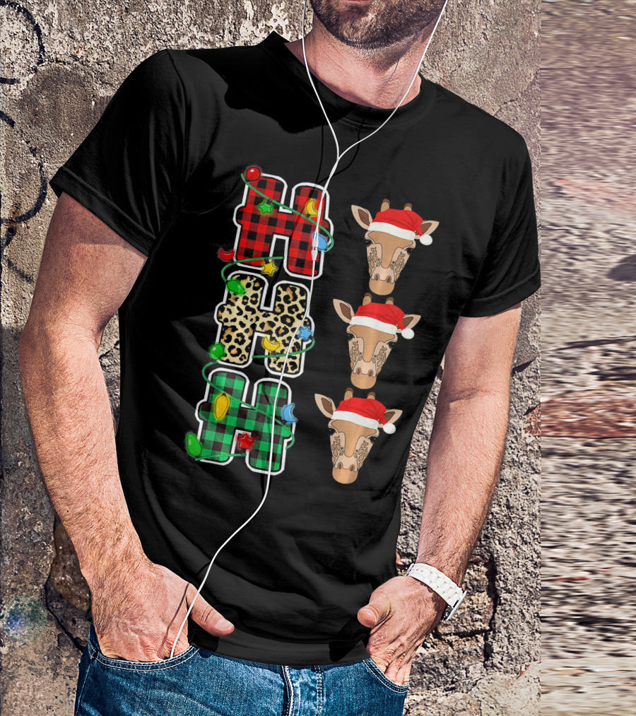HO HO HO Santa Hat Plaid And Leopard Giraffe Christmas Lights T-Shirt