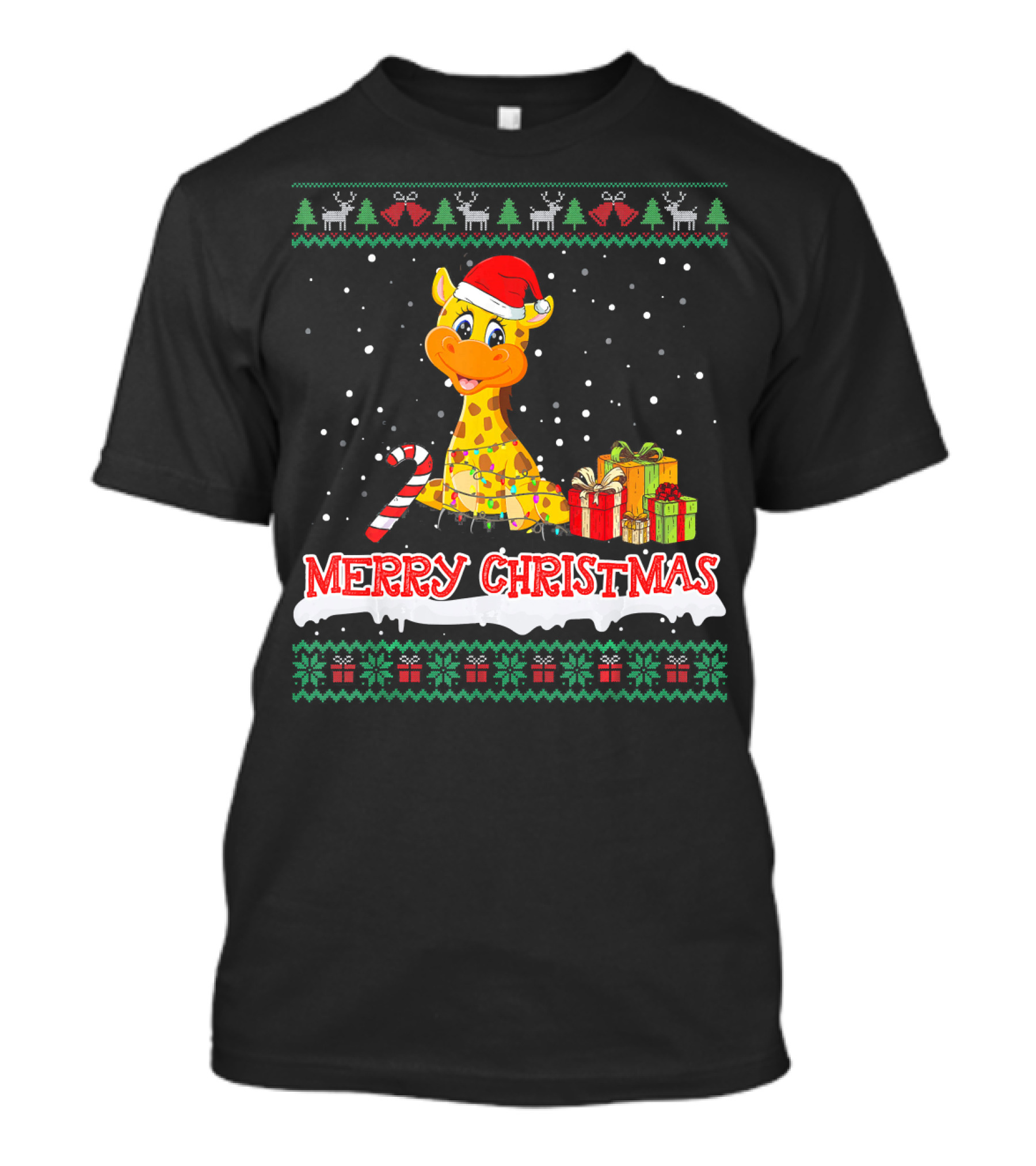 Merry Christmas Giraffe In Santa Hat With Candy Cane And Gifts For Animal Lovers T-Shirt