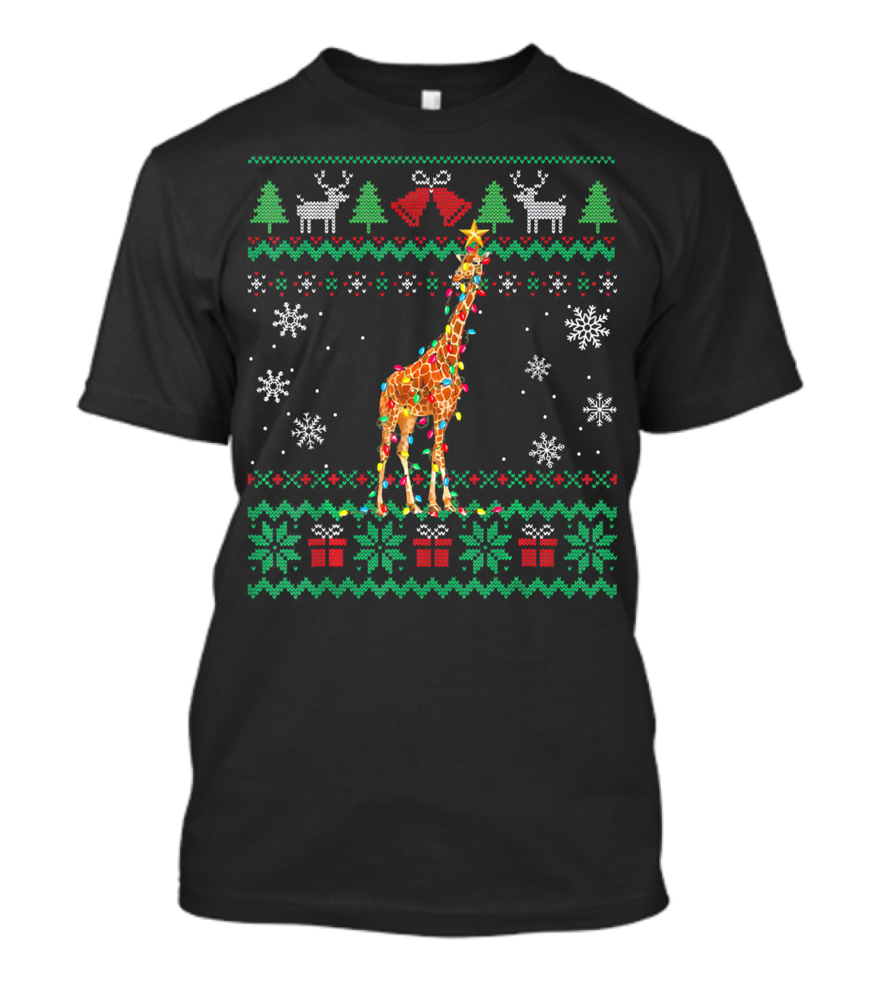 Giraffe Wrapped In Christmas Lights With Snowflakes And Holiday T-Shirt