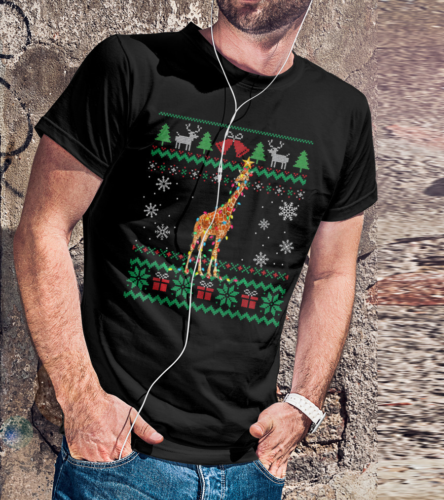 Giraffe Wrapped In Christmas Lights With Snowflakes And Holiday T-Shirt
