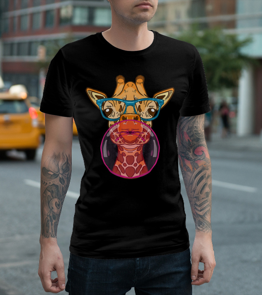 Giraffe Glasses Bubblegum Funny Animal Quirky T-Shirt