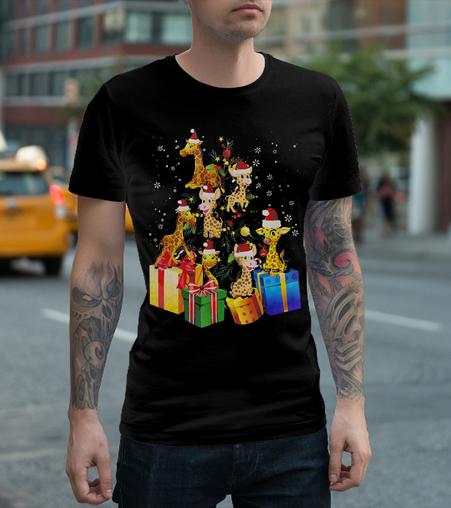 Giraffe Santa Hats Christmas Pine Tree with Snowflakes and Presents T-Shirt
