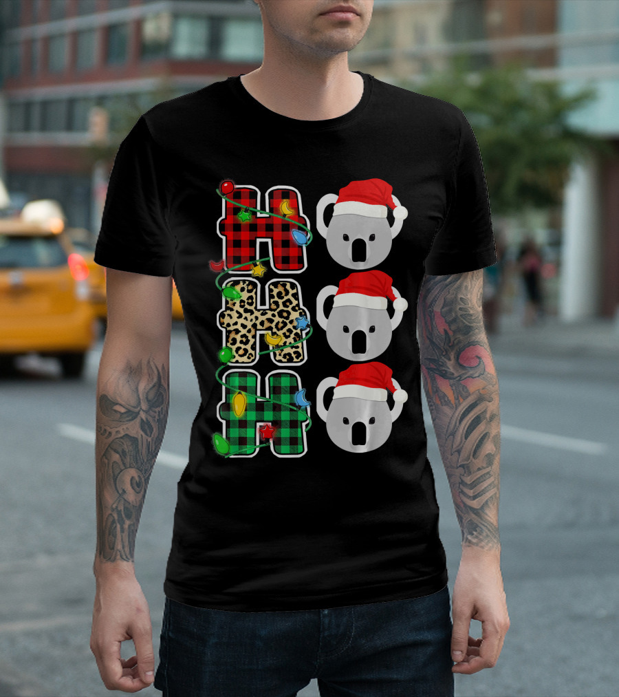 HO HO HO Santa Hat Koala Christmas Lights Plaid Leopard T-Shirt