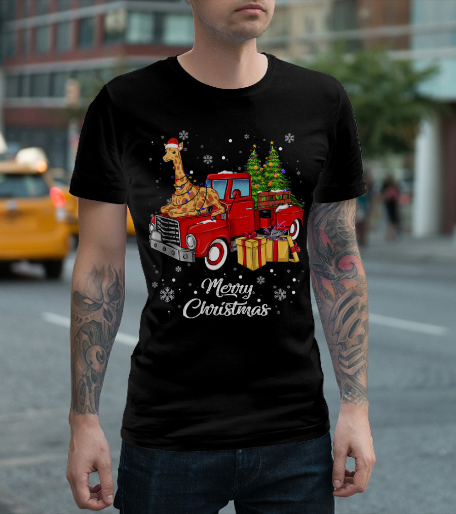 Merry Christmas Giraffe Rides Red Truck with Gifts and Snowflakes T-Shirt