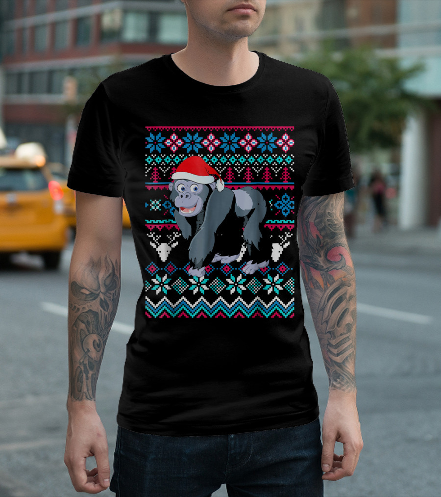 Gorilla Ugly Christmas Style Santa Hat Festive T-Shirt