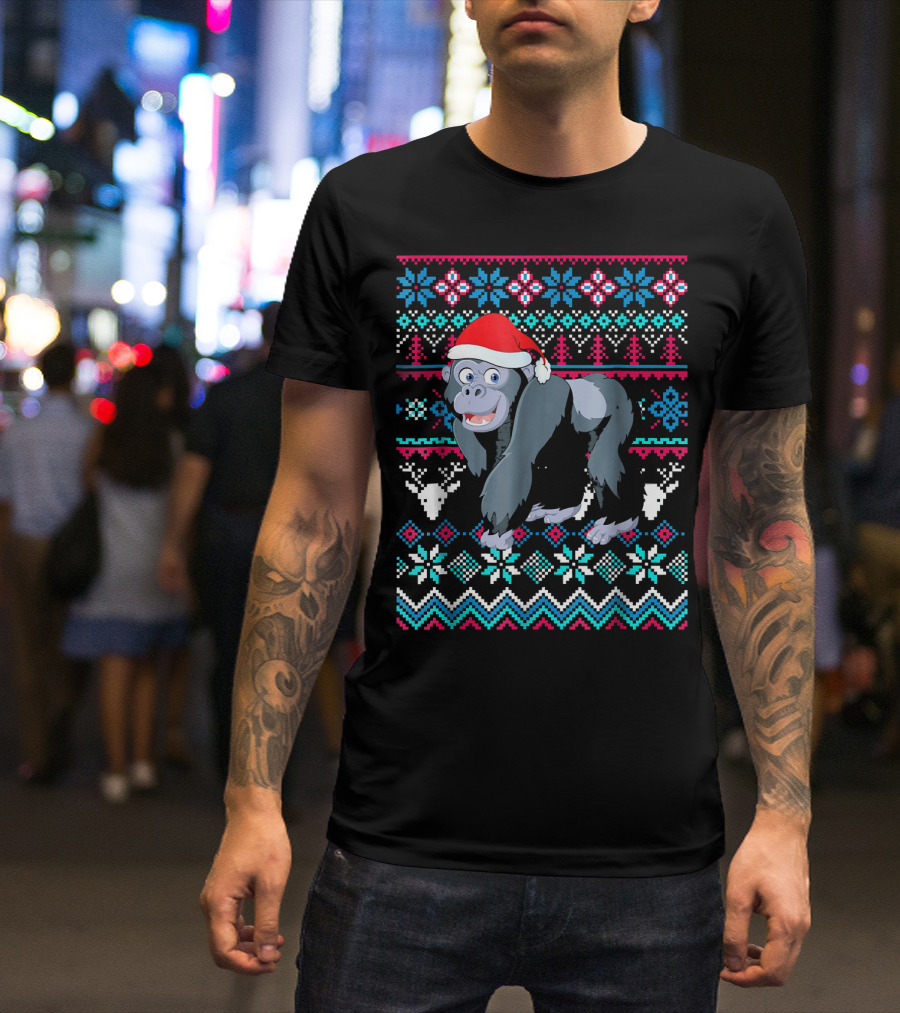 Gorilla Ugly Christmas Style Santa Hat Festive T-Shirt