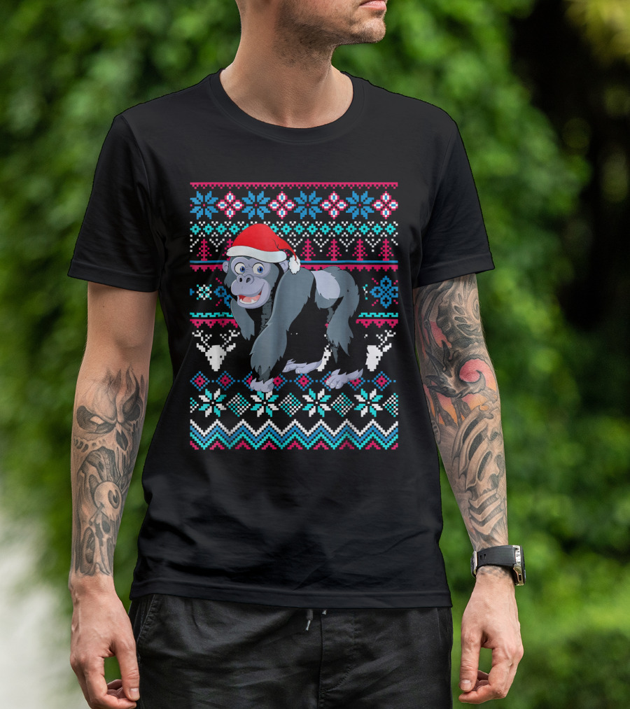 Gorilla Ugly Christmas Style Santa Hat Festive T-Shirt
